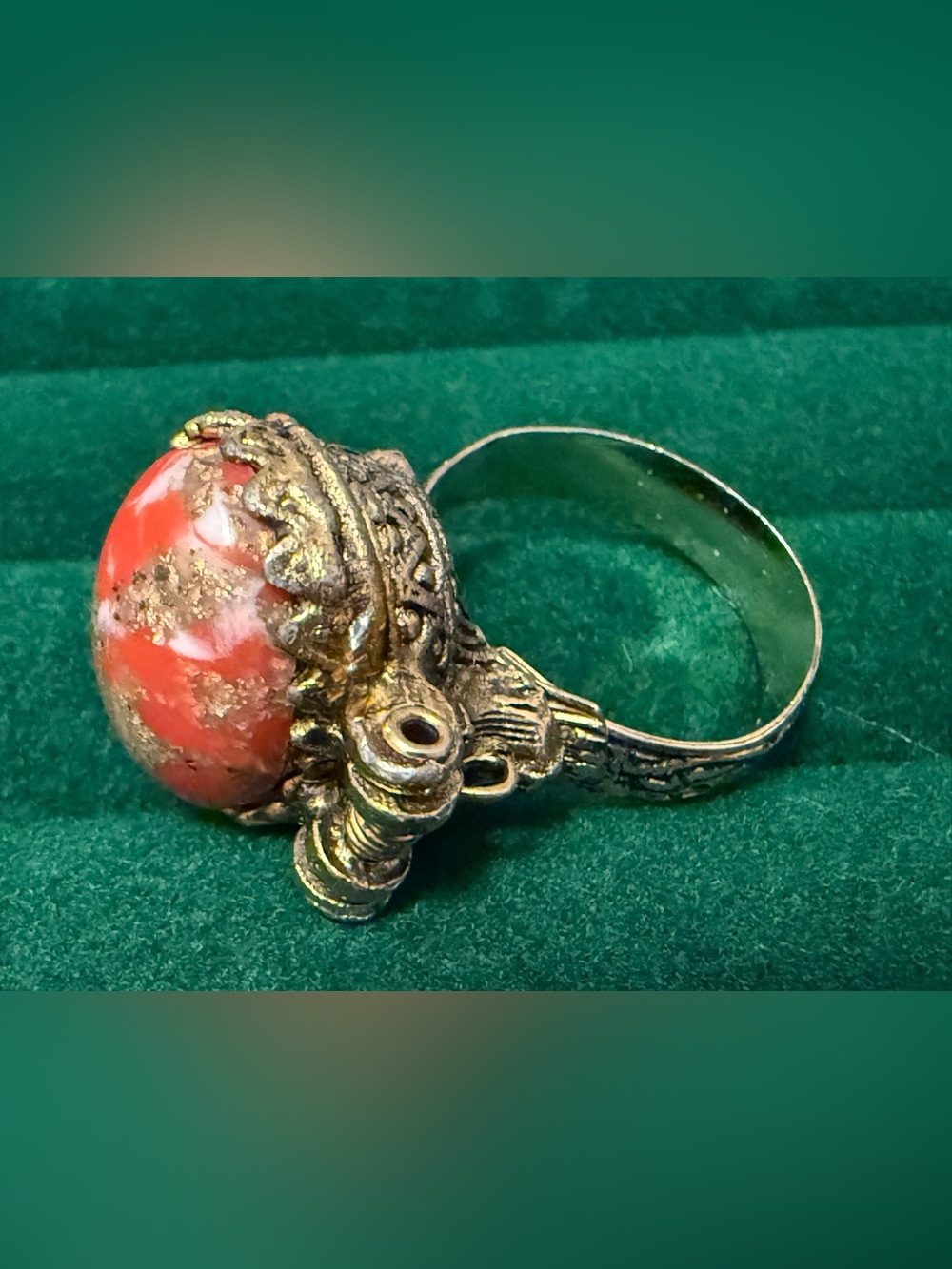 Vintage Red Coral Flecks Perfume Dome Statement RingFiligreed